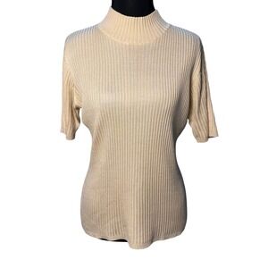 SILX Soft Yellow Mock Neck Ribbed Knit Short Sleeve Silk Blouse Women M Elevated